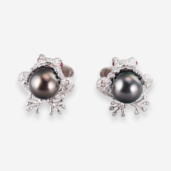 Stefano Ricci 18K White Gold Black South Sea Pearl Diamond Ruby Frog Cufflinks OG-35329 - THE SOLIST