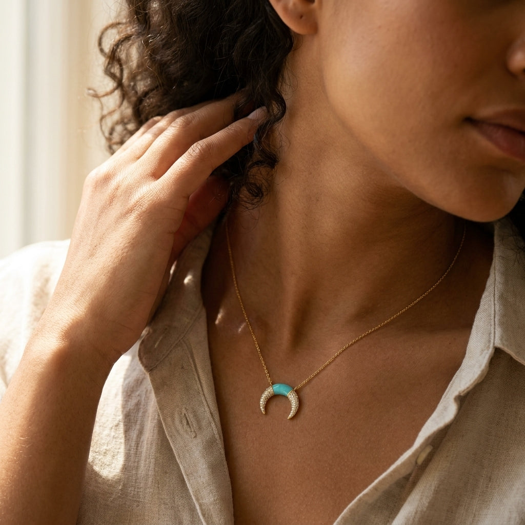 Sydney Evan Pavé Inverted Crescent 14K Yellow Gold Diamond and Turquoise Pendant Necklace NJP1254TQ-Y18XT
