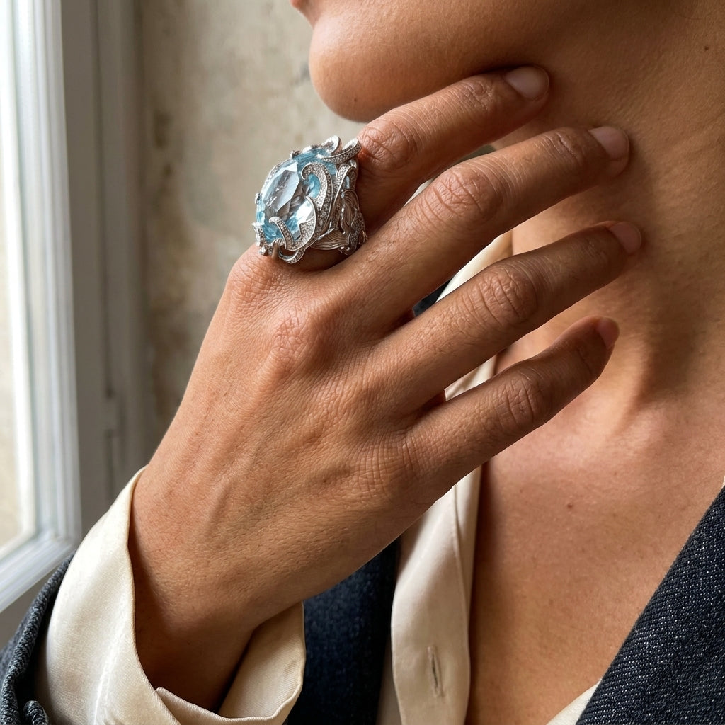 Carrera Y Carrera Atlantis Sirena Ola 18K White Gold Blue Topaz Diamond Ring Sz. 7 OG-36082 - THE SOLIST