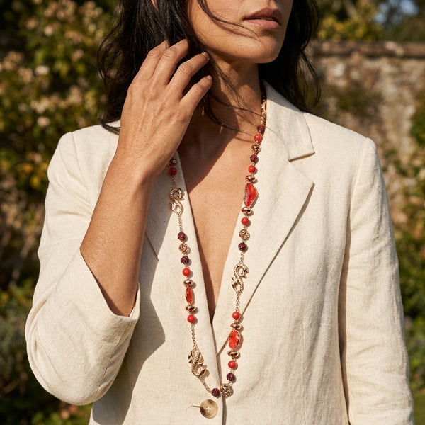 John Hardy Naga 18K Yellow Gold Fire Opal, Orange Sapphire and Coral Station Necklace OG-36253 - THE SOLIST