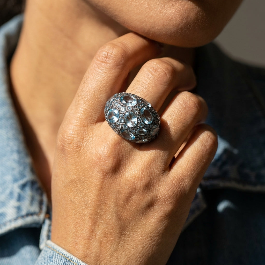 Pomellato Tabou Blue Quartz 18K Rose Gold Sterling Silver Dome Ring Sz. 7 A135-135 - THE SOLIST