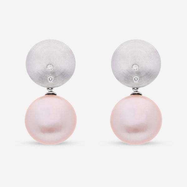 London Pearl 18K White Gold Fresh Water Pink 15mm Coin Pearl and Diamond Drop Earrings E4183FW - THE SOLIST - London Pearl