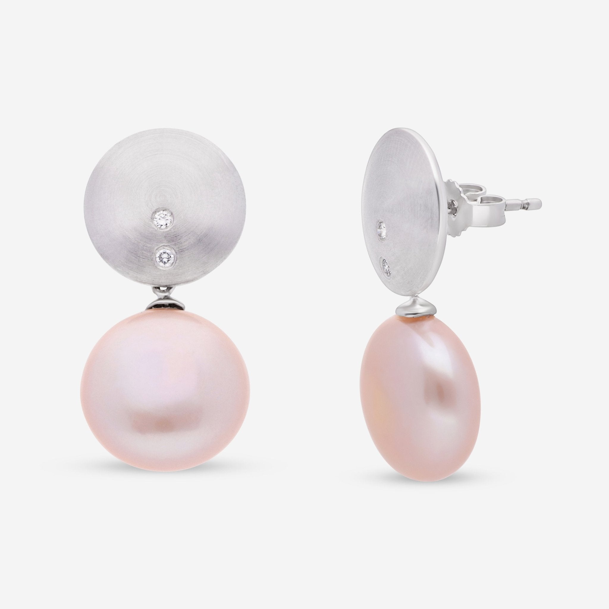 London Pearl 18K White Gold Fresh Water Pink 15mm Coin Pearl and Diamond Drop Earrings E4183FW - THE SOLIST - London Pearl