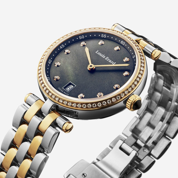 Louis Erard Romance Diamond Black Mother of Pearl Dial Two - tone Stainless Steel Ladies Quartz Watch 11810SB29.BMA27 - THE SOLIST - Louis Erard