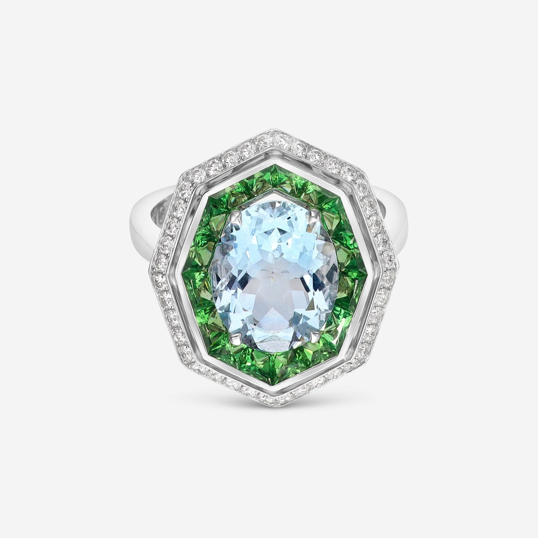 Roberto Coin 18K White Gold Green Garnet, Tsavorite 1.52 ct., Aquamarine 3.9ct., and Diamond Ring 378114AW65JX - THE SOLIST - Roberto Coin