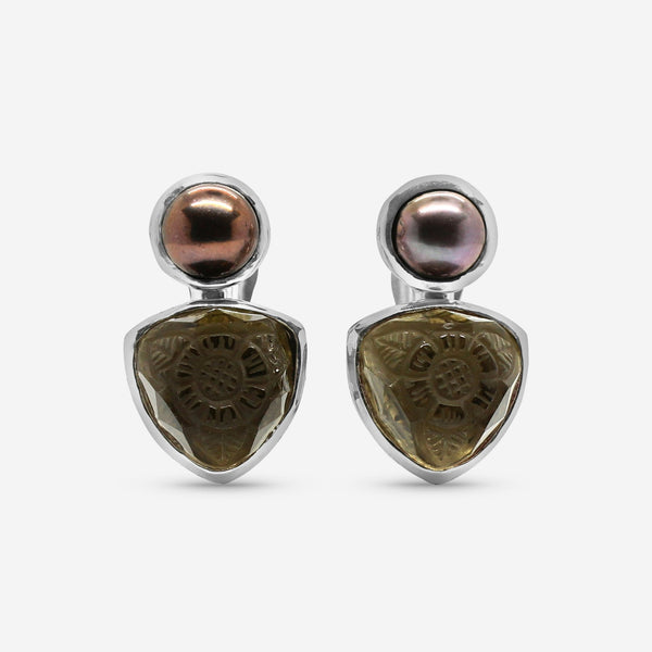 Stephen Dweck Sterling Silver, Golden Pearl and Hand Carved Smoky Quartz Clip Earrings SDE - 32045 - THE SOLIST - Stephen Dweck