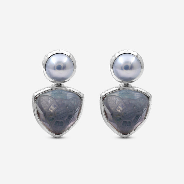 Stephen Dweck Sterling Silver, Silver Pearl Hand Carved Natural Quartz and Mother of Pearl Clip Earrings SDE - 32043 - THE SOLIST - Stephen Dweck