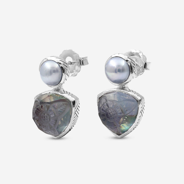 Stephen Dweck Sterling Silver, Silver Pearl Hand Carved Natural Quartz and Mother of Pearl Clip Earrings SDE - 32043 - THE SOLIST - Stephen Dweck