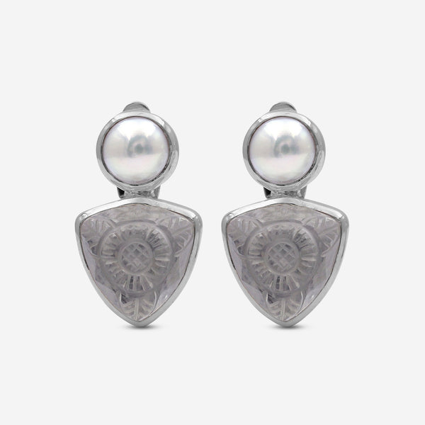 Stephen Dweck Sterling Silver White Pearl Hand Carved Natural Quartz and Mother of Pearl Clip Earrings SDE - 32012 - THE SOLIST - Stephen Dweck