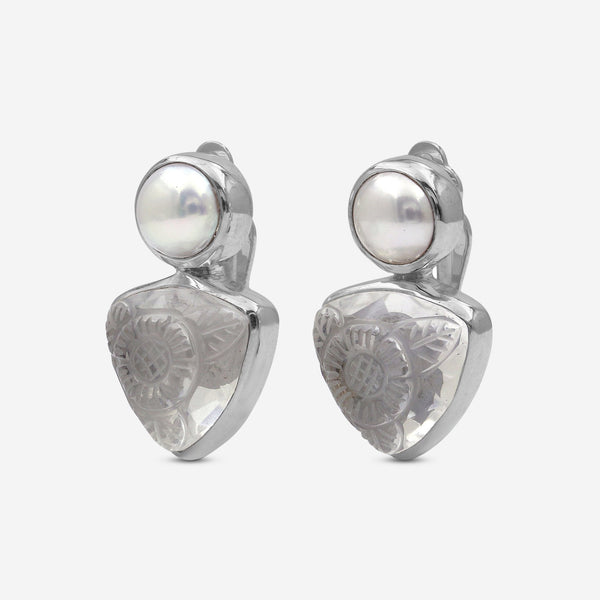 Stephen Dweck Sterling Silver White Pearl Hand Carved Natural Quartz and Mother of Pearl Clip Earrings SDE - 32012 - THE SOLIST - Stephen Dweck