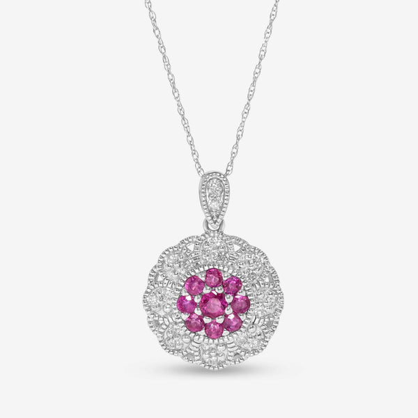 SuperOro 14K White Gold, Ruby and Diamond Flower Pendant Necklace 60092 - THE SOLIST - SuperOro