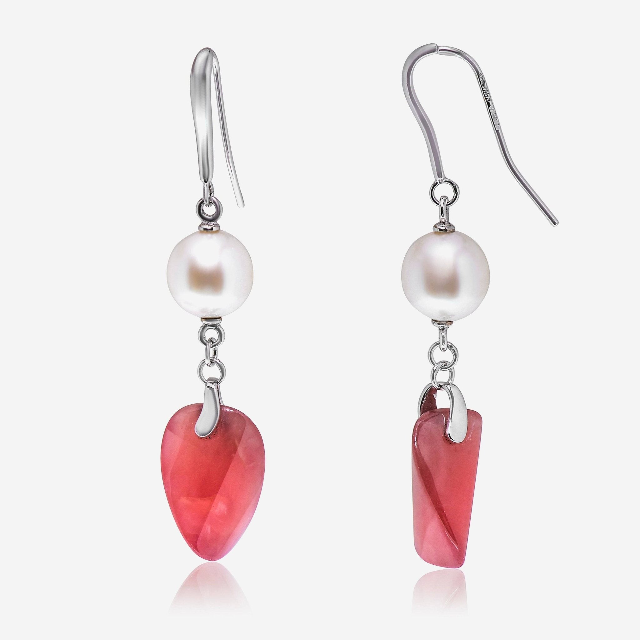 SuperOro 18K White Gold, Pearl and Rhodochrosite Drop Earrings - THE SOLIST - SuperOro