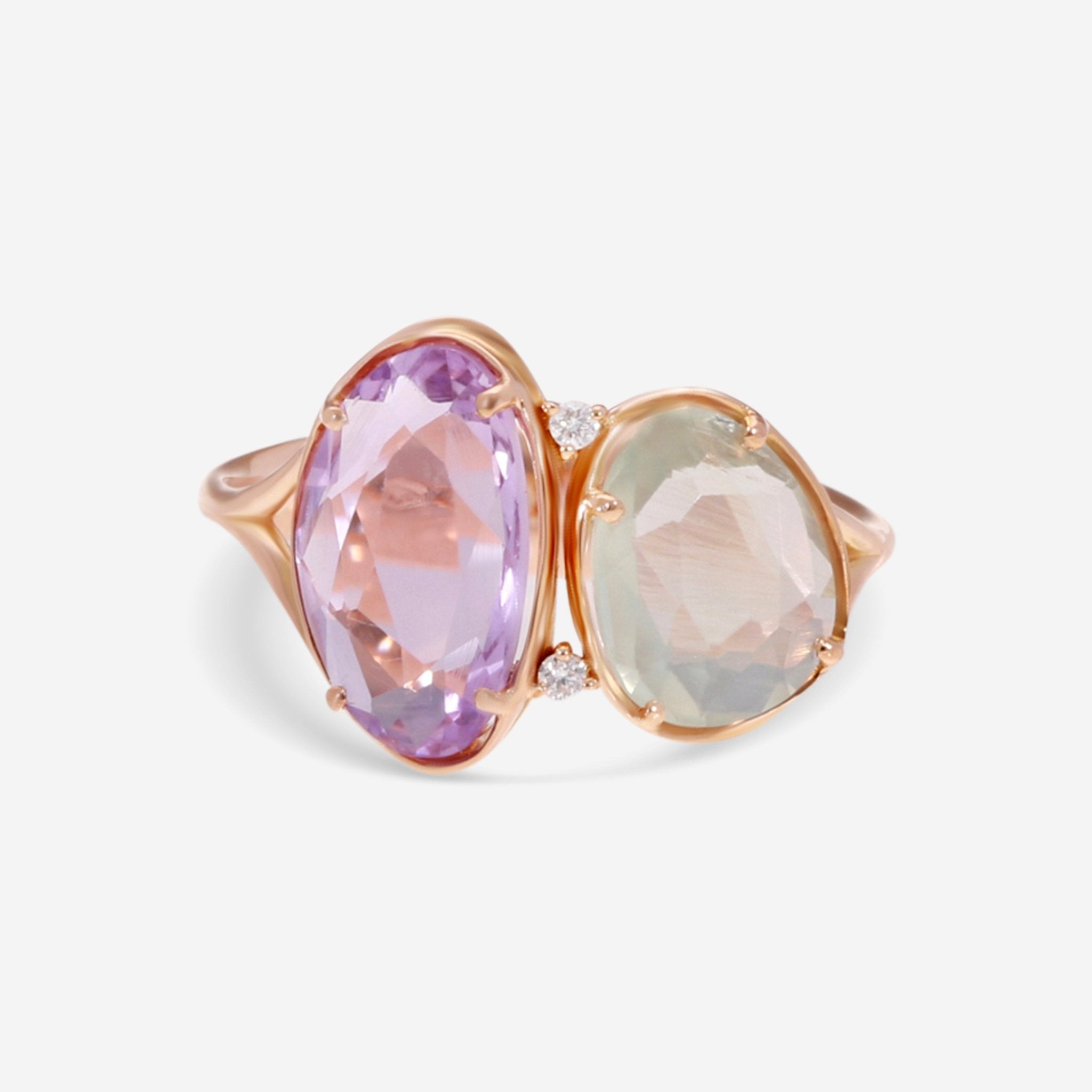 SuperOro Fancy 18K Rose Gold Diamond, Amethyst & Prenite Cocktail Ring FANCY/A105 - THE SOLIST - SuperOro