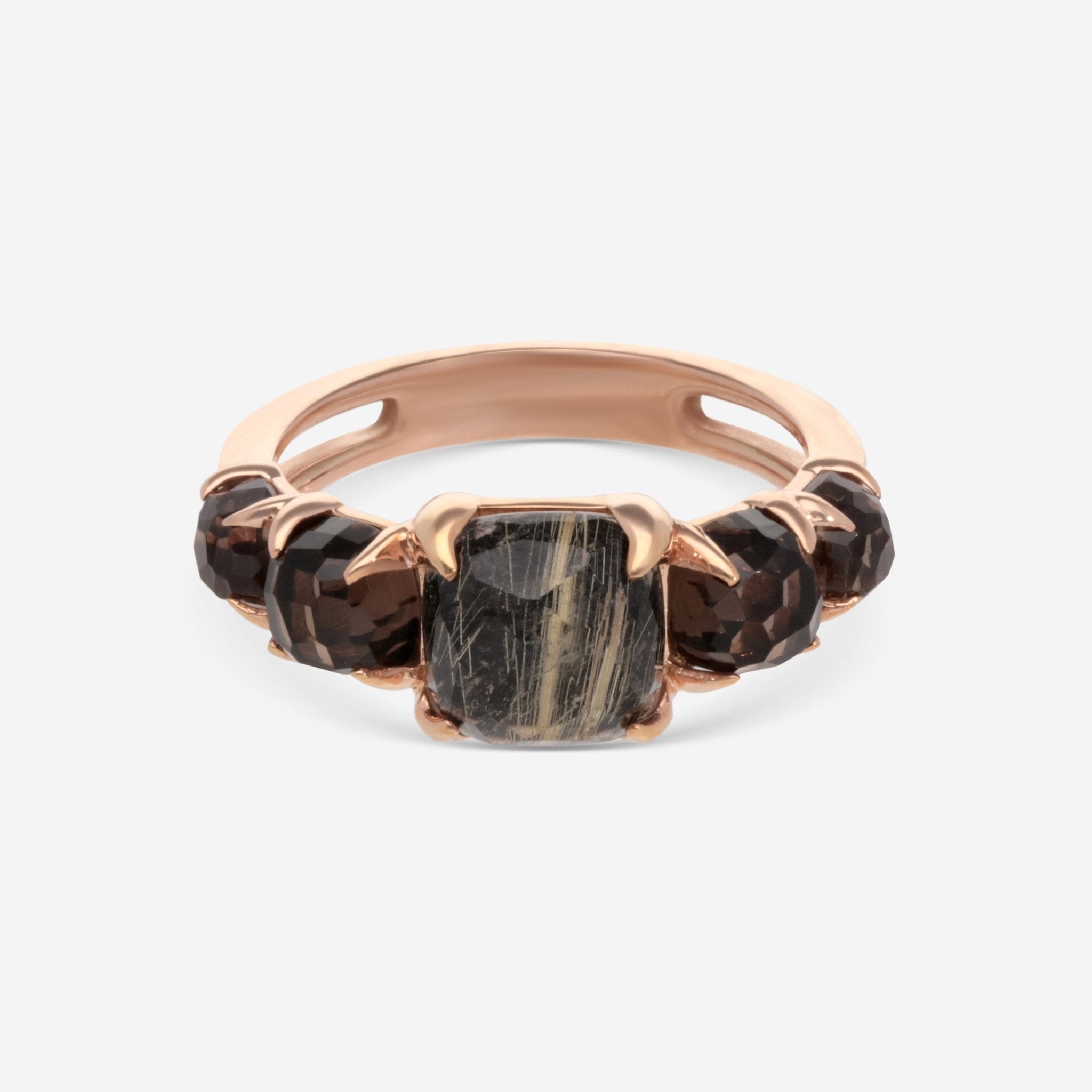 SuperOro Iceberg 18K Rose Gold Onyx - Gold Rutile & Smoky Quartz Band Ring ICEBERG/A001 - THE SOLIST - SuperOro