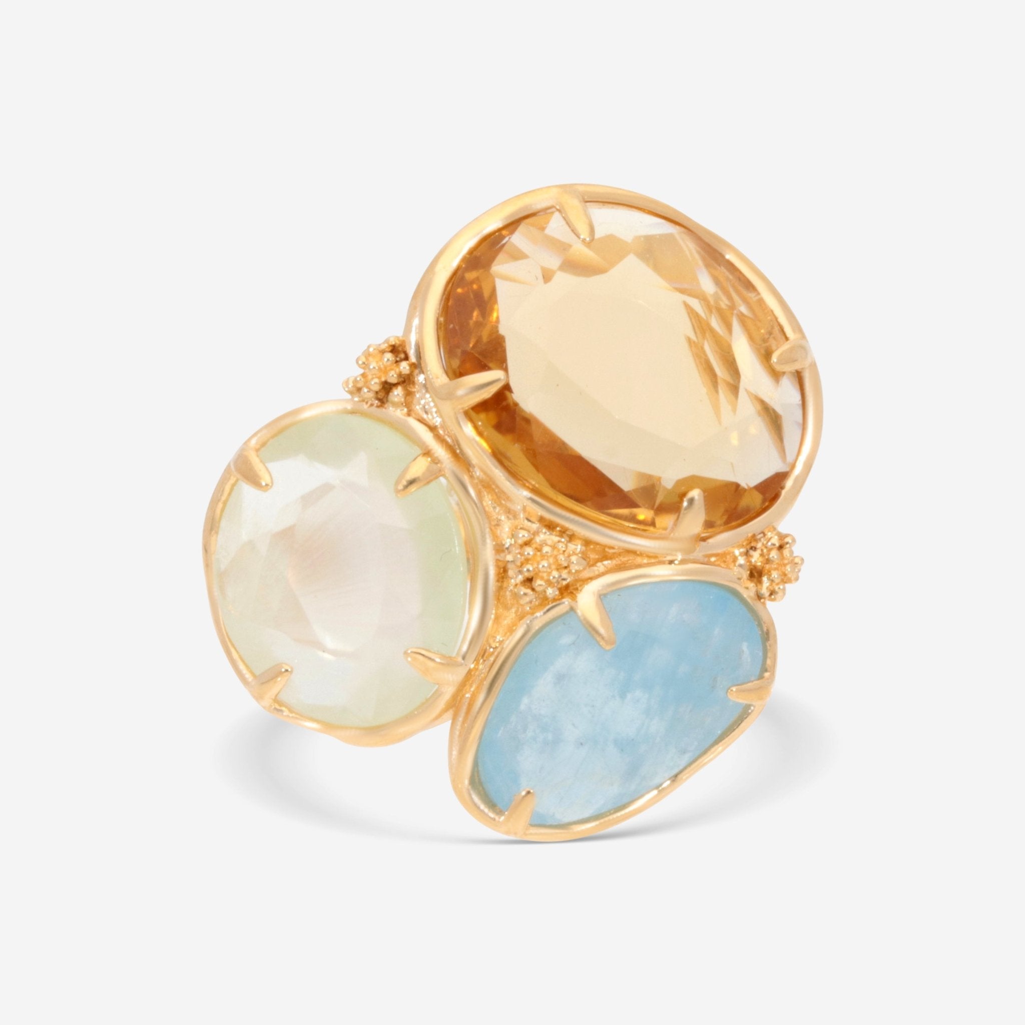 SuperOro Samba 18K Yellow Gold Blue Milk Aquamarine, Prenite & Gold Quartz Cocktail Ring SAMBA/A016 - THE SOLIST - SuperOro