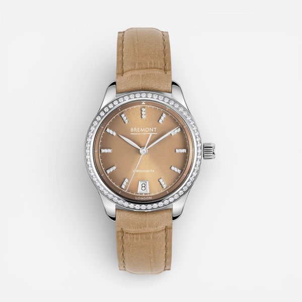 THE SOLIST Lady K stainless steel automatic watch with brown dial, diamond markers, diamond bezel, and brown leather strap.