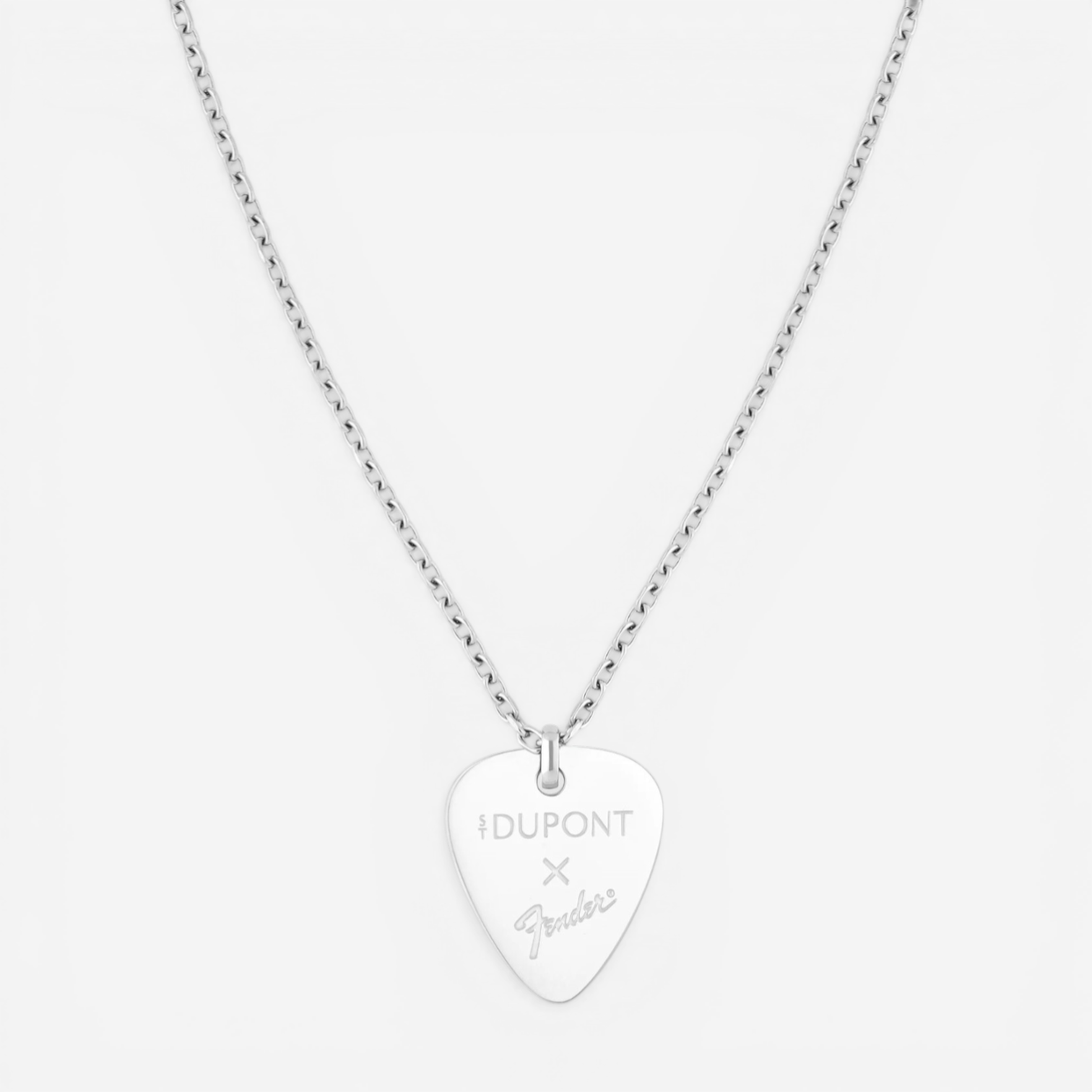 THE SOLIST S.T. Dupont x Fender silver guitar pick pendant necklace with engraved logos.