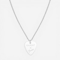 THE SOLIST S.T. Dupont x Fender silver guitar pick pendant necklace with engraved logos.