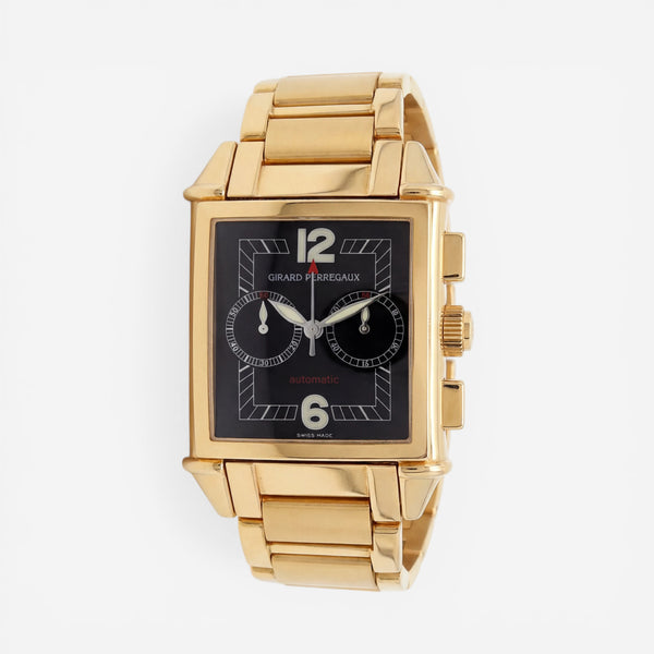 THE SOLIST Girard-Perregaux Vintage 1945 18k yellow gold men's watch with black dial and chronograph.
