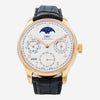 THE SOLIST IWC Portugieser rose gold automatic watch with white dial, moon phase, perpetual calendar, and black leather strap.