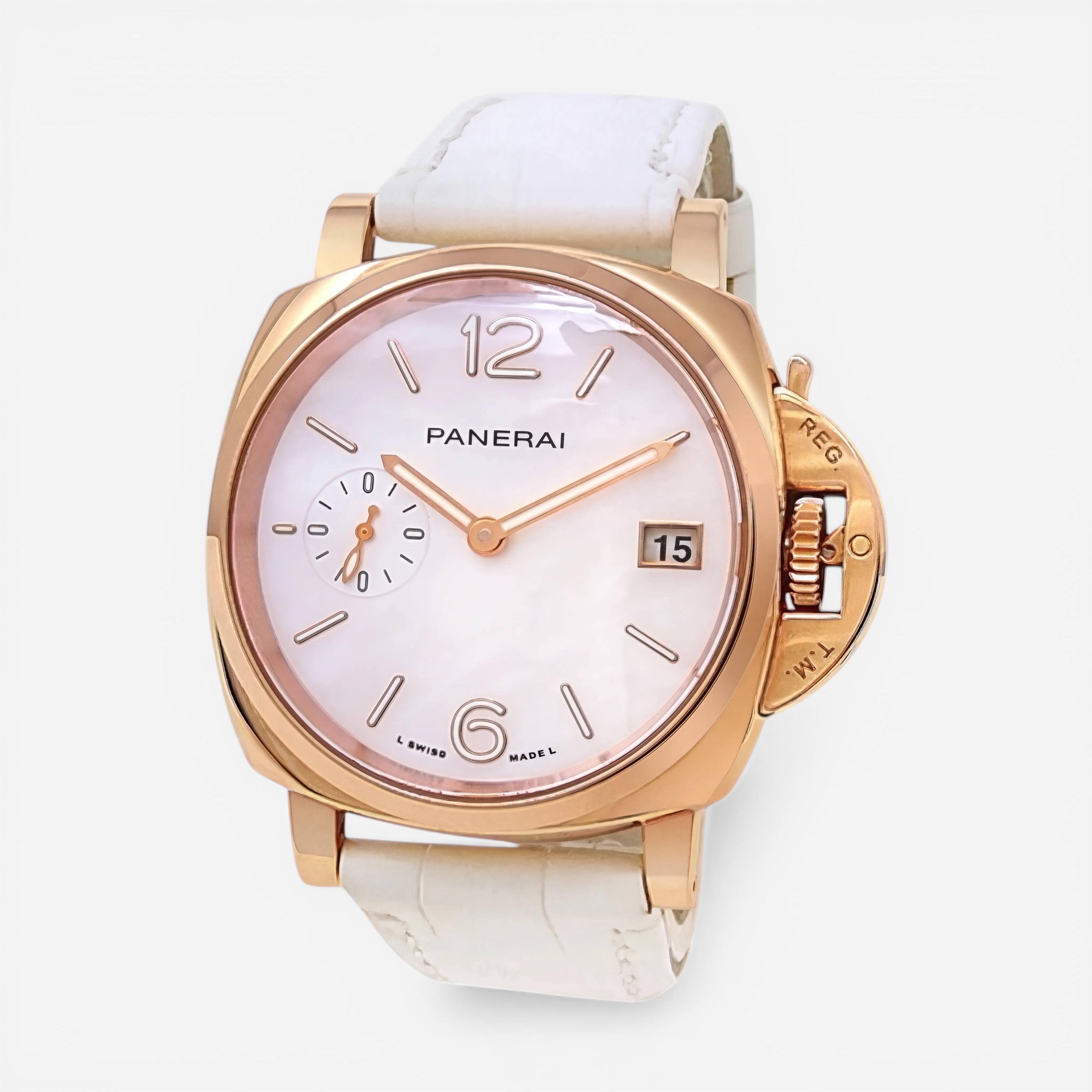 THE SOLIST Panerai Luminor Due 18K rose gold watch with mother of pearl dial, white leather strap, date window and small seconds.