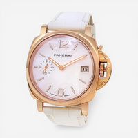 THE SOLIST Panerai Luminor Due 18K rose gold watch with mother of pearl dial, white leather strap, date window and small seconds.