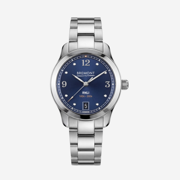 The Solist Bremont Solo 34mm stainless steel automatic watch with blue dial, silver band, and date window.