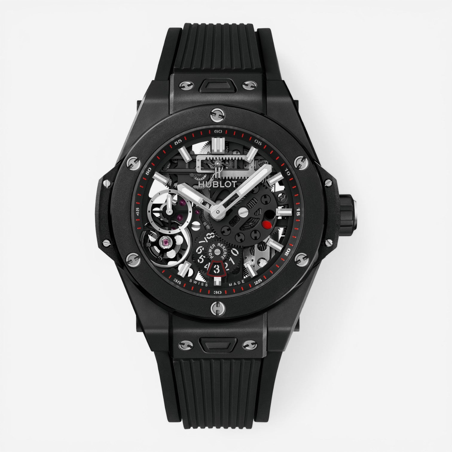 THE SOLIST Hublot Big Bang Meca-10 Black Magic Ceramic men's watch with skeleton dial, power reserve indicator, and rubber strap.