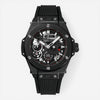 THE SOLIST Hublot Big Bang Meca-10 Black Magic Ceramic men's watch with skeleton dial, power reserve indicator, and rubber strap.