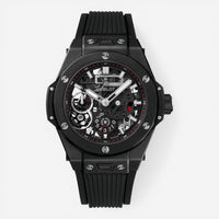 THE SOLIST Hublot Big Bang Meca-10 Black Magic Ceramic men's watch with skeleton dial, power reserve indicator, and rubber strap.
