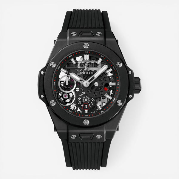 THE SOLIST Hublot Big Bang Meca-10 Black Magic Ceramic men's watch with skeleton dial, power reserve indicator, and rubber strap.