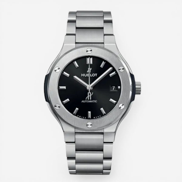 The Solist Hublot Classic Fusion men's automatic watch with a silver titanium case, black dial, and date window.
