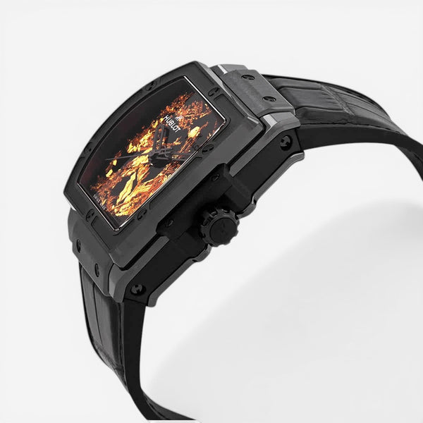 THE SOLIST Hublot Spirit of Big Bang ceramic automatic watch with black dial and gold accents, alligator leather strap.