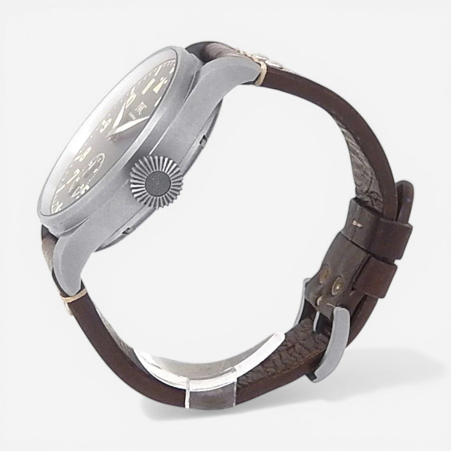 THE SOLIST IWC Big Pilot's Heritage titanium automatic watch with black dial and brown leather strap.