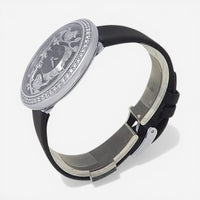 THE SOLIST Piaget Limelight 18K white gold diamond watch with black dial, bezel, and leather strap.