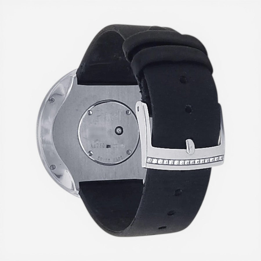 THE SOLIST Piaget Limelight 18K white gold ladies watch with diamond bezel and black leather strap.