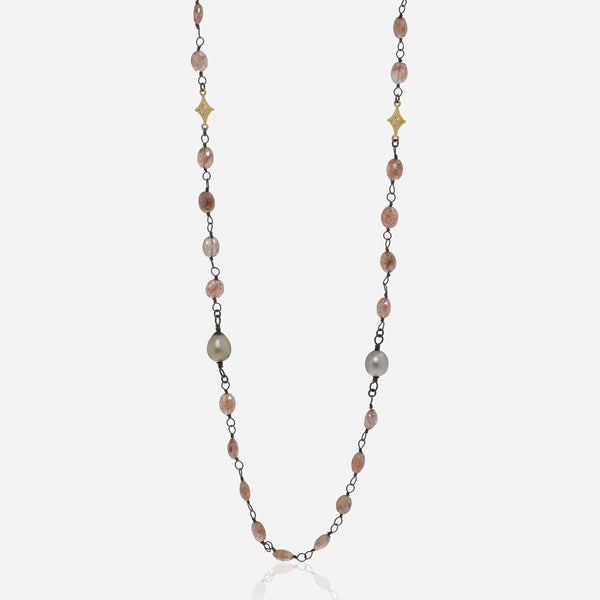 Armenta Old World 18K Yellow Gold, Champagne Diamond 0.19ct. tw. and Peach Mystic Moonstone Station Necklace - ShopWorn