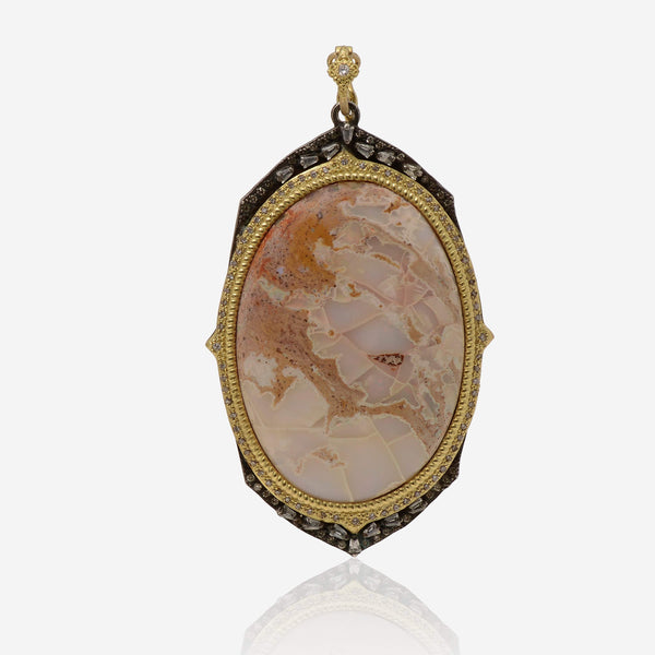 Armenta Old World 18K Yellow Gold, Mexican Fire Opal, White Sapphire 4.34ct. tw., and Diamond 0.45ct. tw. Enhancer Pendant - ShopWorn