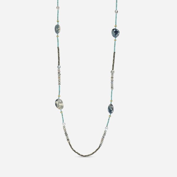 Armenta Old World Sterling Silver and 18K Yellow Gold, Tahitian Keshi Pearl and Natural Turquoise Beaded Station Necklace - ShopWorn