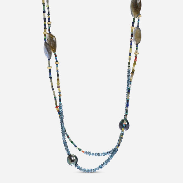 Armenta Old World Sterling Silver and 18K Yellow Gold, Imperial Kyanite and Tahitian Pearl Beaded Station Necklace - ShopWorn