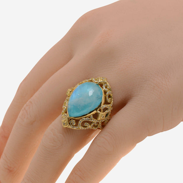 Armenta Sueno 18K Yellow Gold, Turquoise and Moonstone Doublet, Diamond 0.86ct. tw. Open Scroll Pear Ring Sz. 7 - ShopWorn