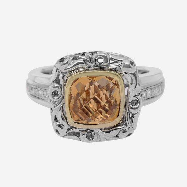 Charles Krypell Sterling Silver and 18K Yellow Gold, Citrine and Diamond Statement Ring sz 6.5 3-6634-SCD - ShopWorn