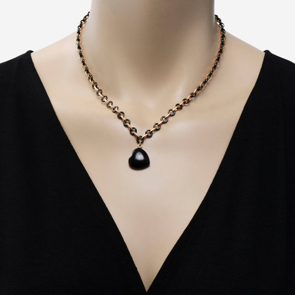 SuperOro 18K Rose Gold and Ceramic, Onyx Heart Pendant Necklace - ShopWorn