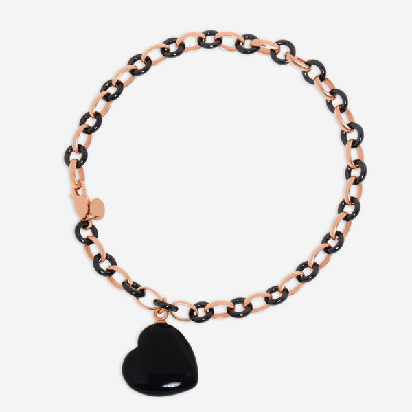 SuperOro 18K Rose Gold and Ceramic, Onyx Heart Charm Link Bracelet - ShopWorn