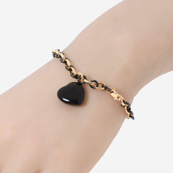 SuperOro 18K Rose Gold and Ceramic, Onyx Heart Charm Link Bracelet - ShopWorn