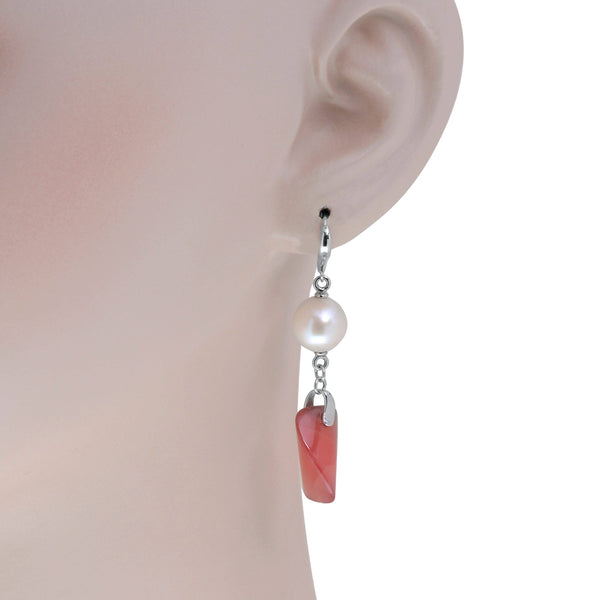 SuperOro 18K White Gold, Pearl and Rhodochrosite Drop Earrings - THE SOLIST