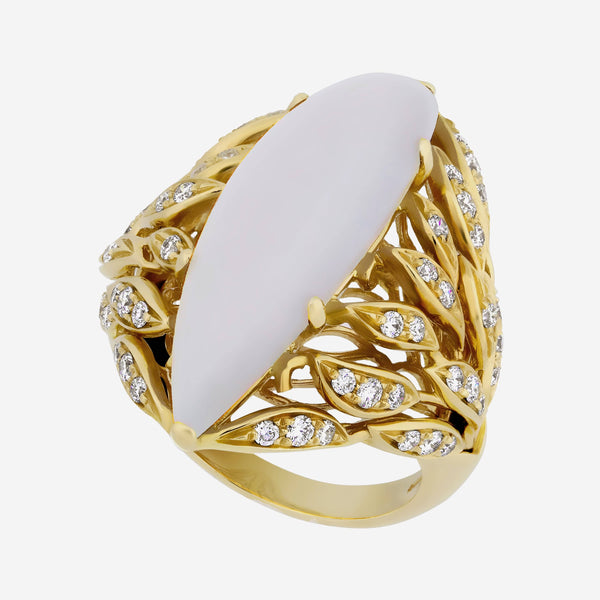 Luca Carati 18K Yellow Gold, White Chalcedony and Diamond 0.79ct. tw. Ring sz 6.75 - ShopWorn