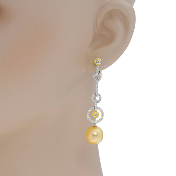 Assael 18K White and Yellow Gold with Diamond 1.92ct. tw. and Golden South Sea Cultured Pearl Drop Earrings E4980 - ShopWorn