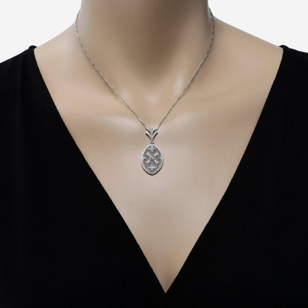 Kwiat 18K White Gold, Diamond Rock Crystal Navette Cage Pendant Necklace - ShopWorn