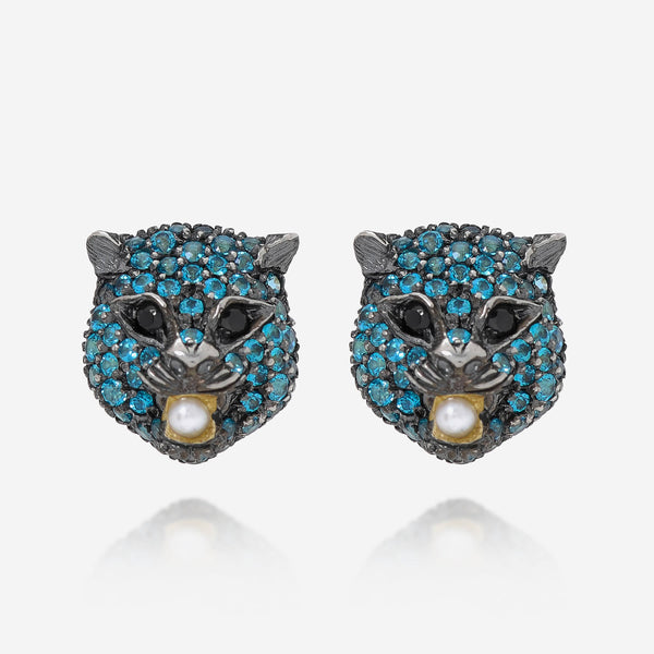 Gucci Le Marche Des Merveilles 18K Yellow Gold and Sterling Silver, Mother of Pearl and Blue Topaz Stud Earrings YBD45919600400U - ShopWorn